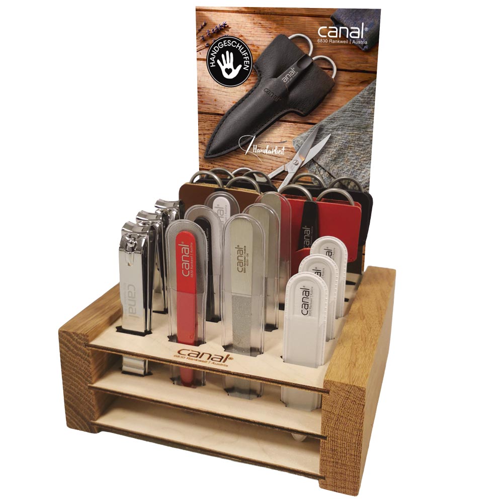 Holz-Display mit Scheren-Etui 16-tlg. bestückt