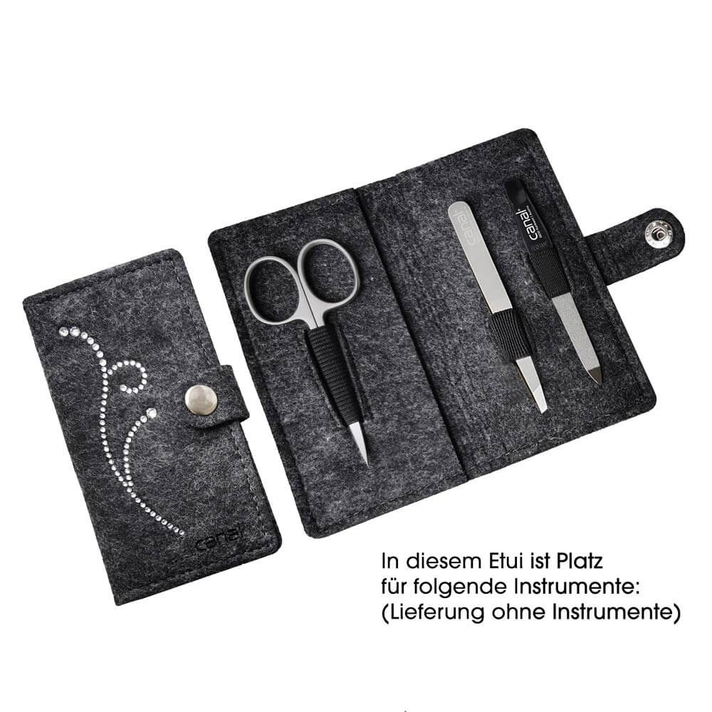 canal Maniküre Etui aus Filz, dunkelgrau mit Strass, leer, Platz für 3 Instrumente