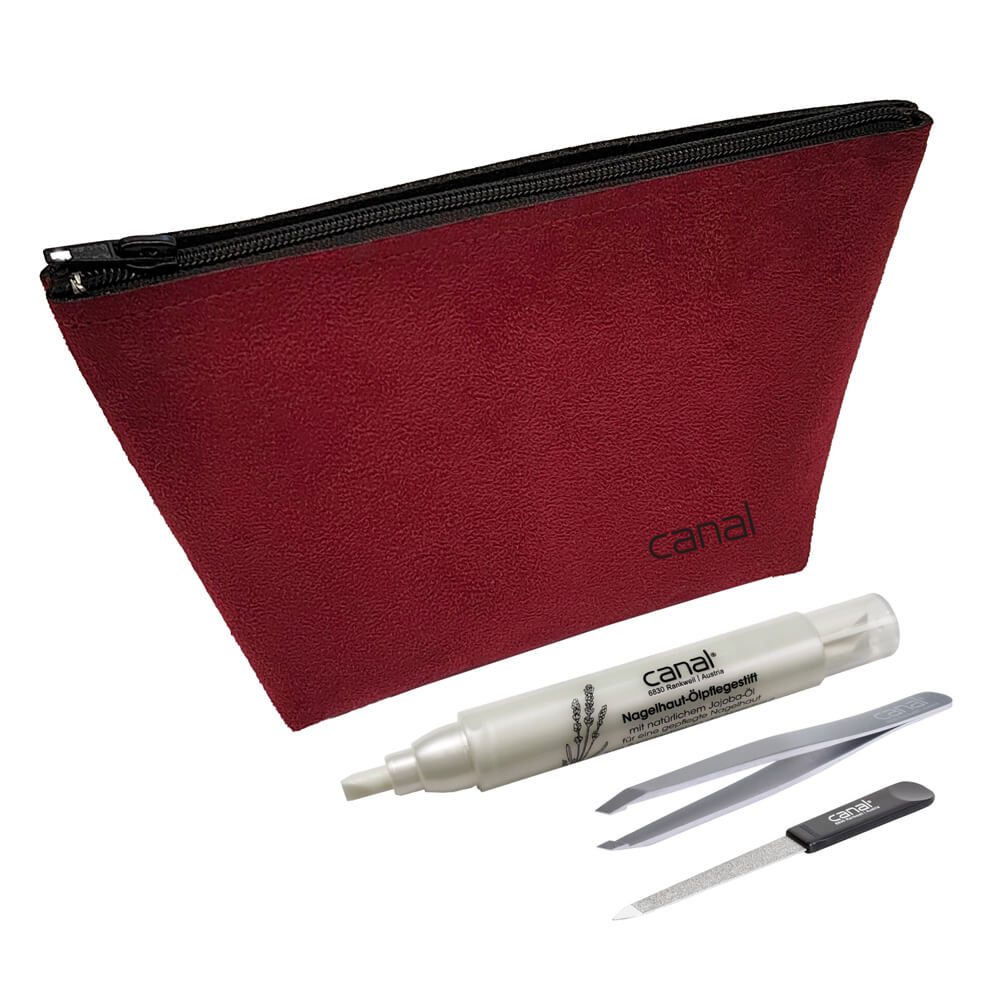 canal Kulturtasche in rotem Alcantara mit Augenbrauenpinzette, Saphirfeile und Nagelhautpflegestift