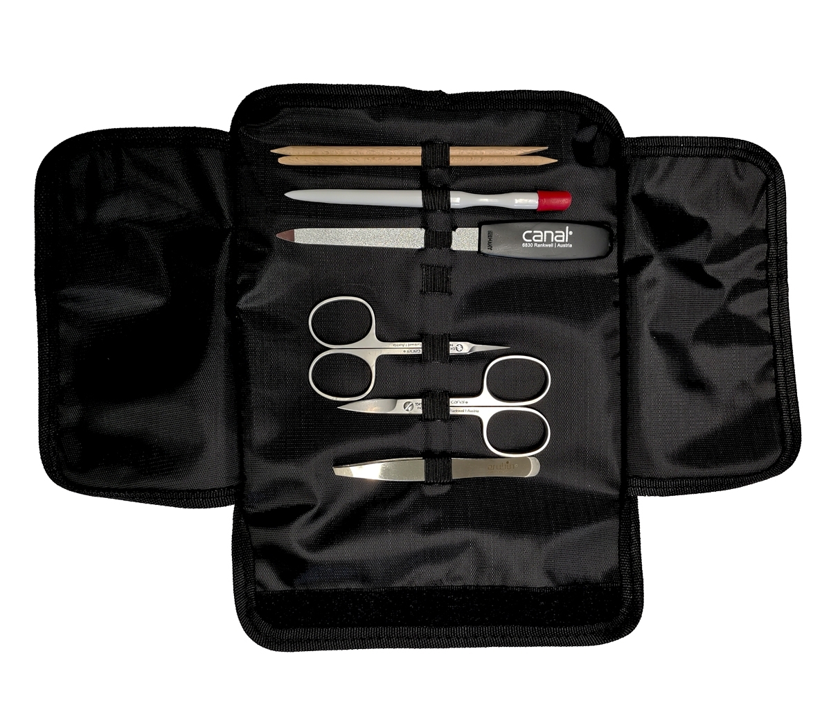 Trousse à outils noire en plastique, 7 pièces Trousse à outils noire en plastique, 7 pièces