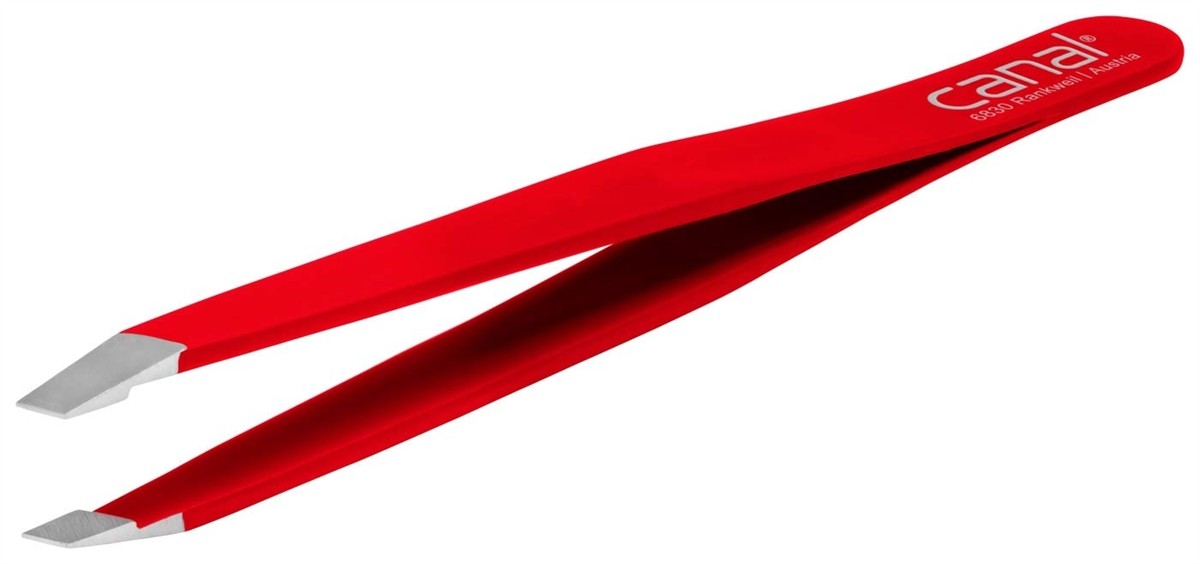 Pinzetta obliqua, rosso, inox, 9 cm